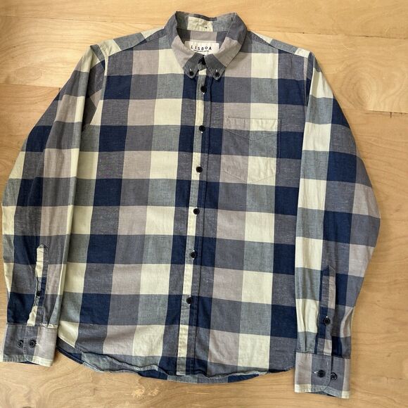 Lisboa Shirt Medium Blue Check Long Sleeve Button Up Oxford Made in Portugal - Picture 10 of 10